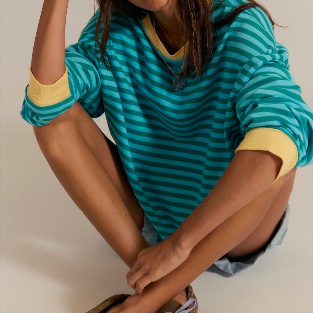 Free People Striped Camden Sweatshirt in blue and yellow. - Picture 2 of 6